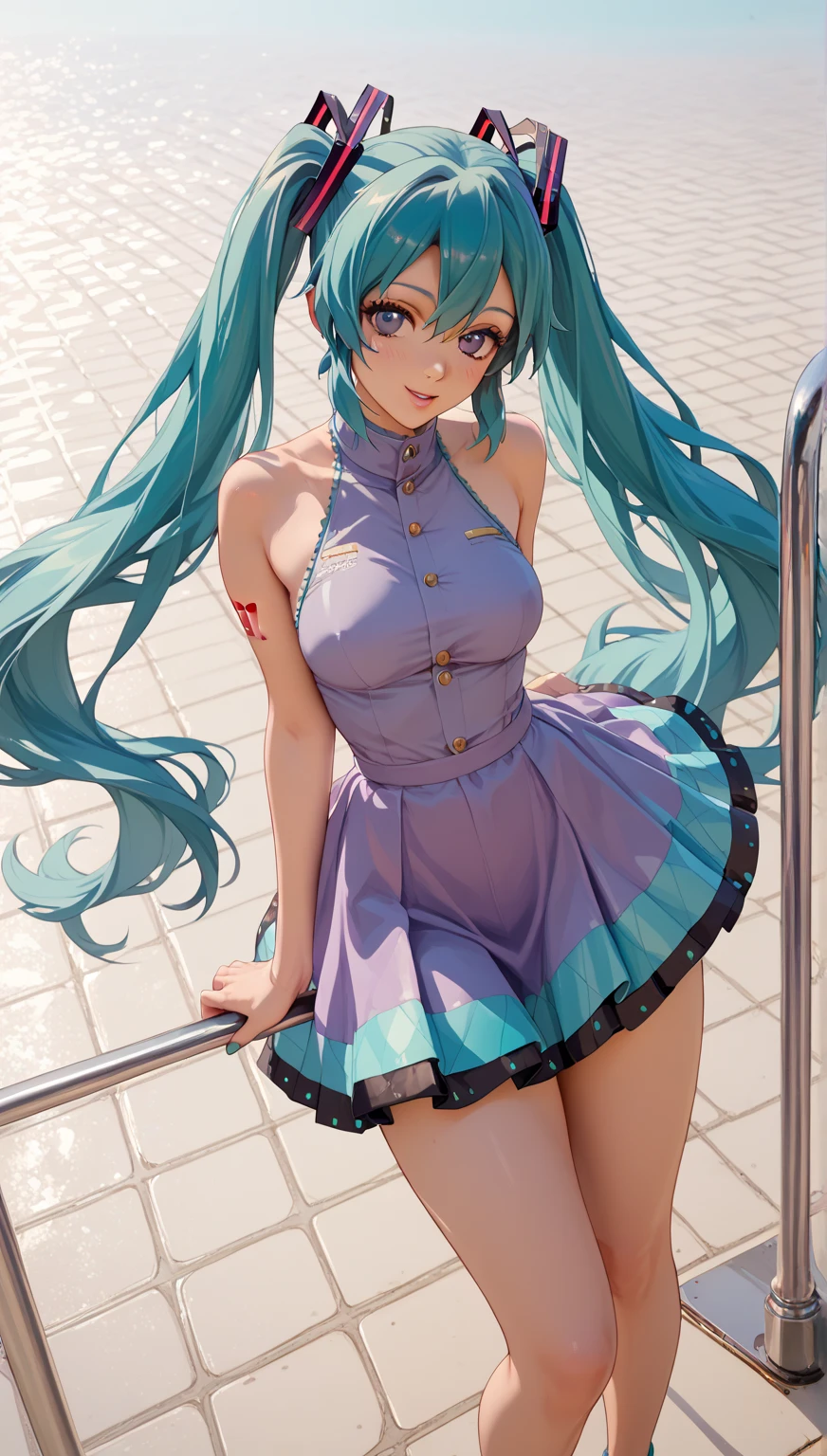 NSFW:1.4、Masterpiece、最high quality、high quality、High definition、High resolution、High detail、Lens flare、Ray Tracing、high qualityのテクスチャー、high qualityの影、Beautiful details、Detailed explanation、Detailed texture、Realistic facial expression、Realistic and colorful、Delicate、Cinematic Light、Side light、Sharp Focus、(1 Adult female:1.3)、(Intricate detailakeup、Pure Eros Face_v1:0.5)、(Details Beautiful delicate face、Detailed beautiful delicate eyes、Perfect Facial Proportions、Detailed skin、Charm、Large upward-facing breasts、slender)、(Chest protrusion:1.5)、(See-through)、Wet、(No panties:1.5)、sexy、Raise your knees、Underboob、High Leg、V-Cut、Hatsune Miku、Seafoam green hair color、Fancy Twin Tails、Beautiful bangs、(Lift-up mini skirt)、(Mini skirt soaring in the wind)、(high slit)、Knee-high boots、White shirt、tie、Headphones、Removing the Sleeve、Cyberpunk City、Full body photography、(Take a deep breath、Work on this image step by step)