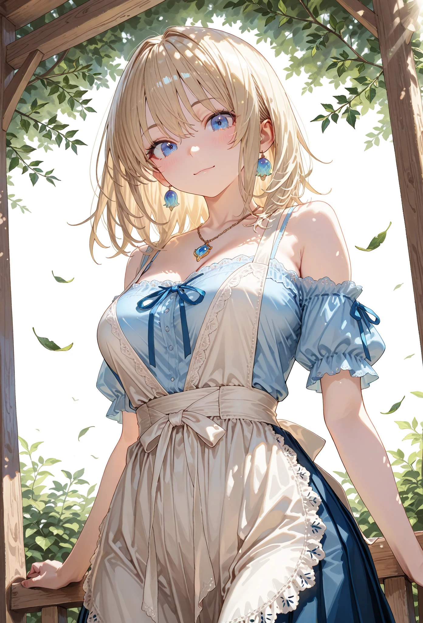 Tabletop, highest quality,figure, wallpaper, Super detailed, Absurd beauty、1 beautiful girl、 (Blonde、Medium Hair、Short braided hair、Ample breasts), Very detailed beautiful eyes , Hair blowing in the wind、Keep your head small、Accentuate your cleavage、White shirt、Black checked skirt、Flower Field、great outdoors、Flower Garden Scenery