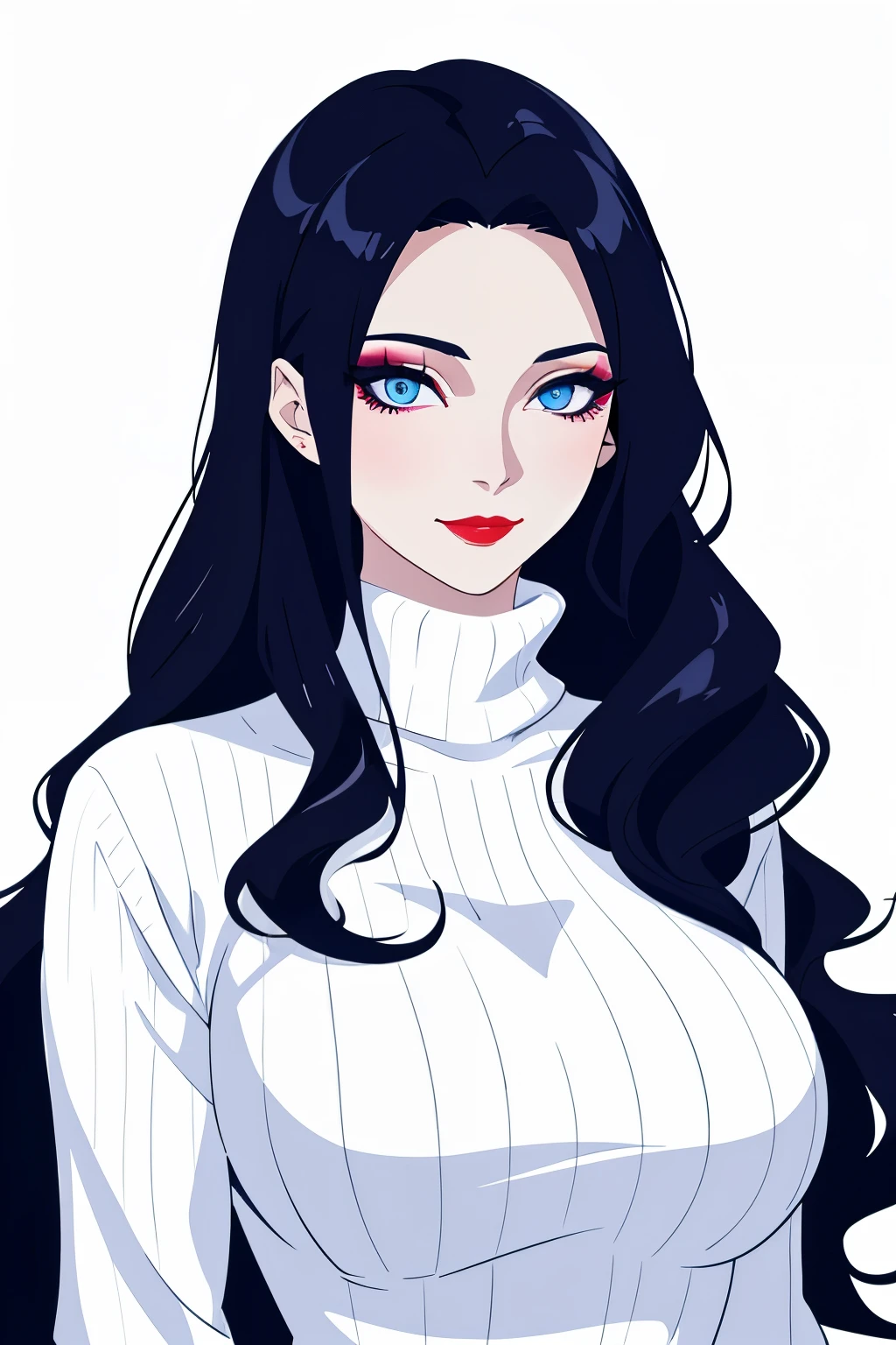 beautiful elegant anime woman, long wavy Black hair, soft Blue eyes, glamorous makeup, sultry smile, red lipstick, pale skin, White high colar sweater, romantic lighting, mysterious, detailed eyes, semi-realistic, dark background, elegant gothic noir style, close-up portrait