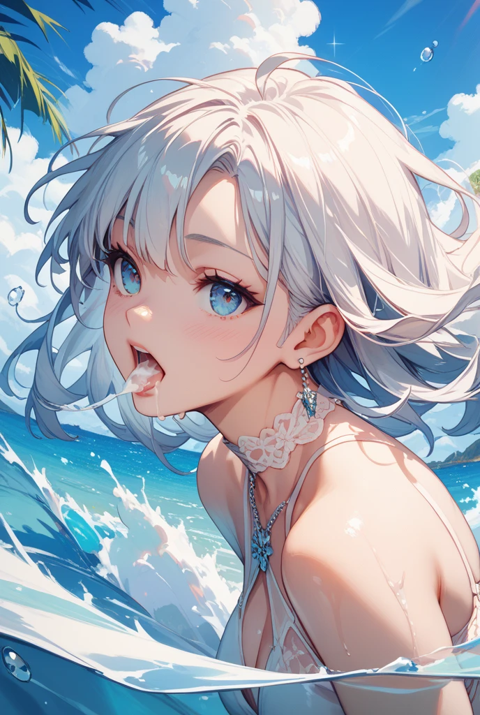1 beauty, Light Purple Eyeshadow,platinum-blonde-hair, Watery Big Eyes,Beautiful constriction,teeth protrude slightly,Shy smile,long eyelasher,Blushlush, in poolside, Wet whole body, ((Platinum Color Bikini Swimsuit:1.2)),(Long hair wet and disheveled,:1.4),bustshot,((Dynamic Angle Zoom:1.4)), Perfect fingers, Large jets of water emanating from the front,(profuse sweating from the face,,,,,,,,:1.2), Splattering splashes shine:2, fine splashes on the body,stick out your ears, High-speed camera:1.2、facefocus