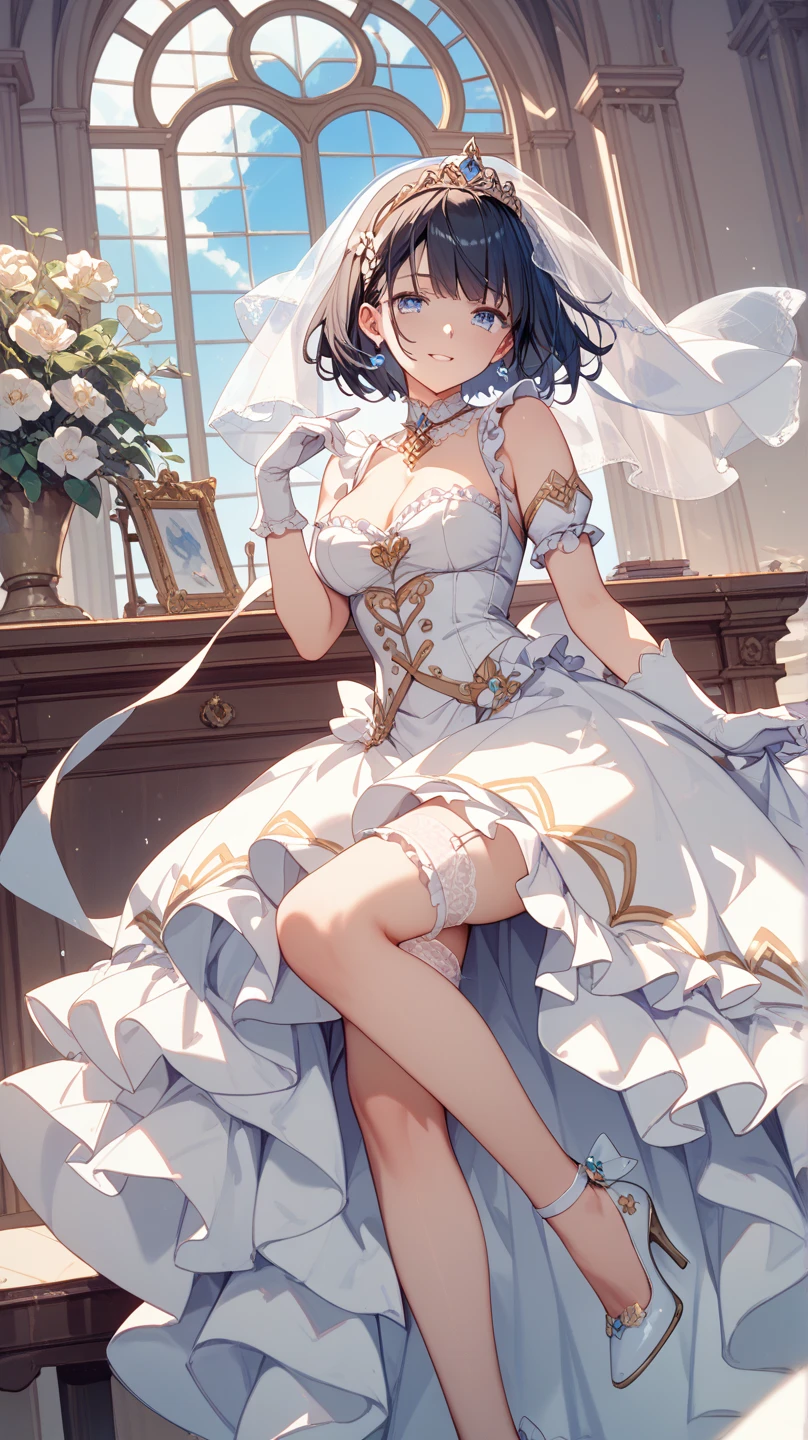prinz eugen \(warship girls r\)，((masterpiece)),(((best quality))),((ultra-detailed)),((illustration)),((disheveled hair)),((frills)),(1 girl),(solo),1girl, ahoge, bangs, bare legs, bare shoulders, bird, blue hair, blue sky, blush, bouquet, braid, breasts, bridal veil, bride, church, cleavage, closed mouth, cloud, cloudy sky, collarbone, condensation trail, curtains, day, dress, earrings, eyebrows visible through hair, flower, full body, hair between eyes, hair ornament, high heels, holding bouquet, horizon, jewelry, large breasts, leg garter, looking at viewer, medium breasts, necklace, ocean, off shoulder, outdoors, pink flower, pink rose, red eyes, rose, short hair, sitting, sky, smile, solo, strapless, strapless dress, table, thighs, tiara, vase, veil, wedding, wedding dress, white dress, white flower, white footwear, white rose, wind, window