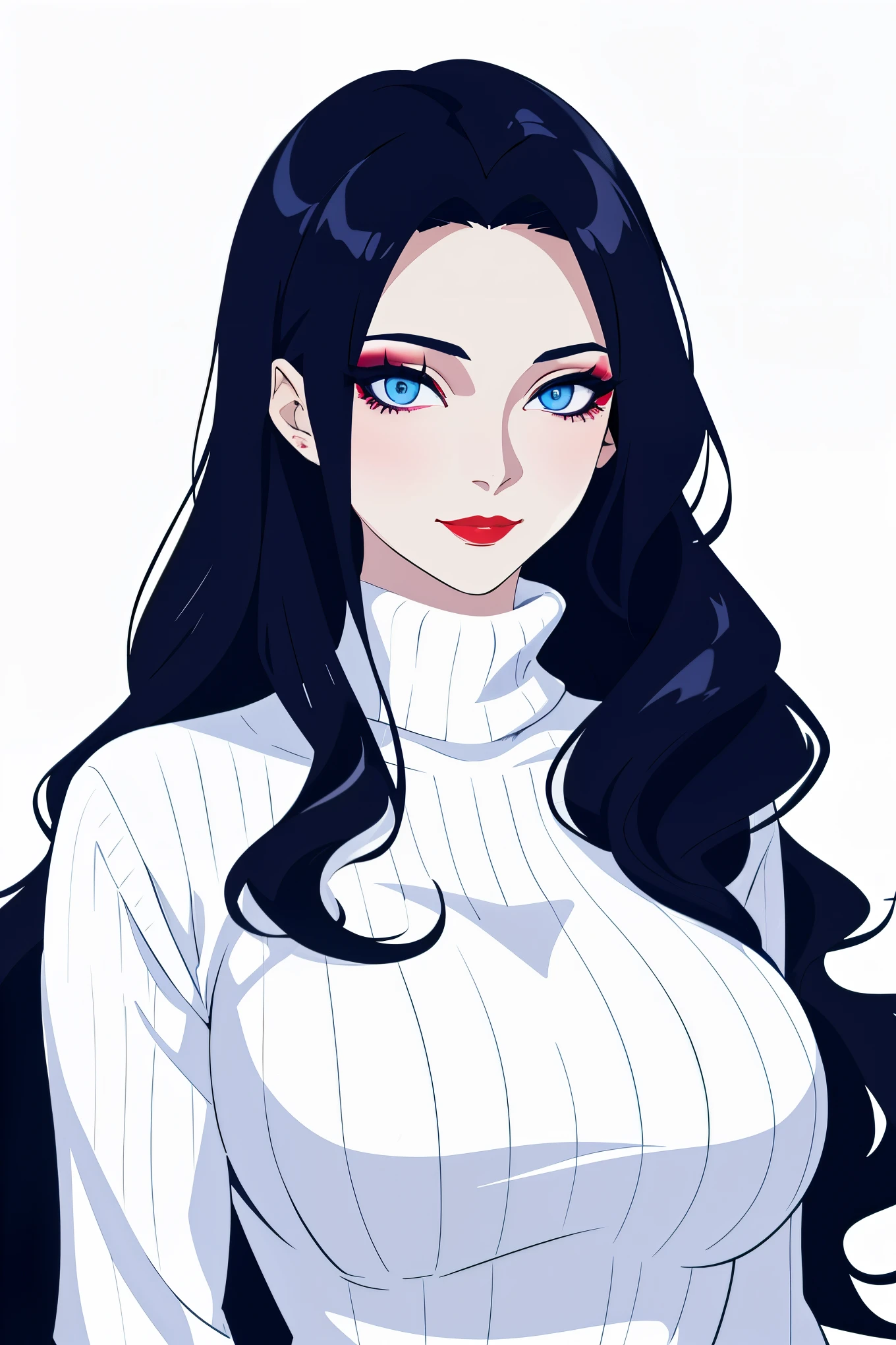 beautiful elegant anime woman, long wavy Black hair, soft Blue eyes, glamorous makeup, sultry smile, red lipstick, pale skin, White high colar sweater, romantic lighting, mysterious, detailed eyes, semi-realistic, dark background, elegant gothic noir style, close-up portrait