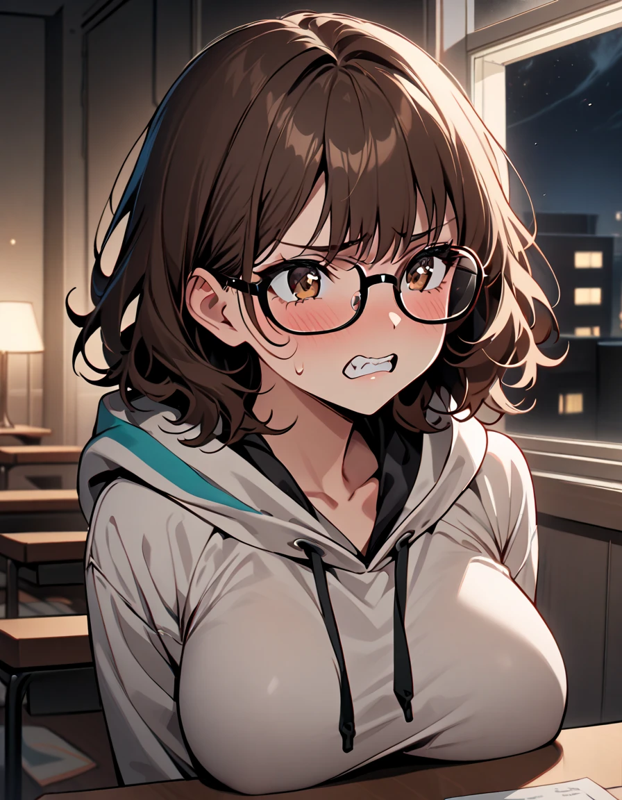 (mature woman, curvy body, big breast), (round hairstyle, bob hairstyle, brunette hair), oversized hazel sweater, (cute face, shy face, sheepish expression), round glasses, (embarrassed pose),  short pants, above view, (pinned on the wall, cornered by viewer, large shadow looming over) 