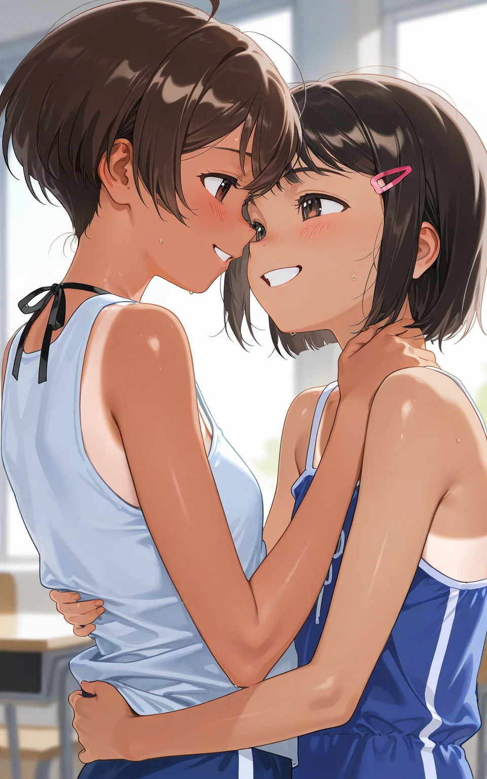 A Korean woman wearing sleeveless clothes is tickling another woman's armpit.