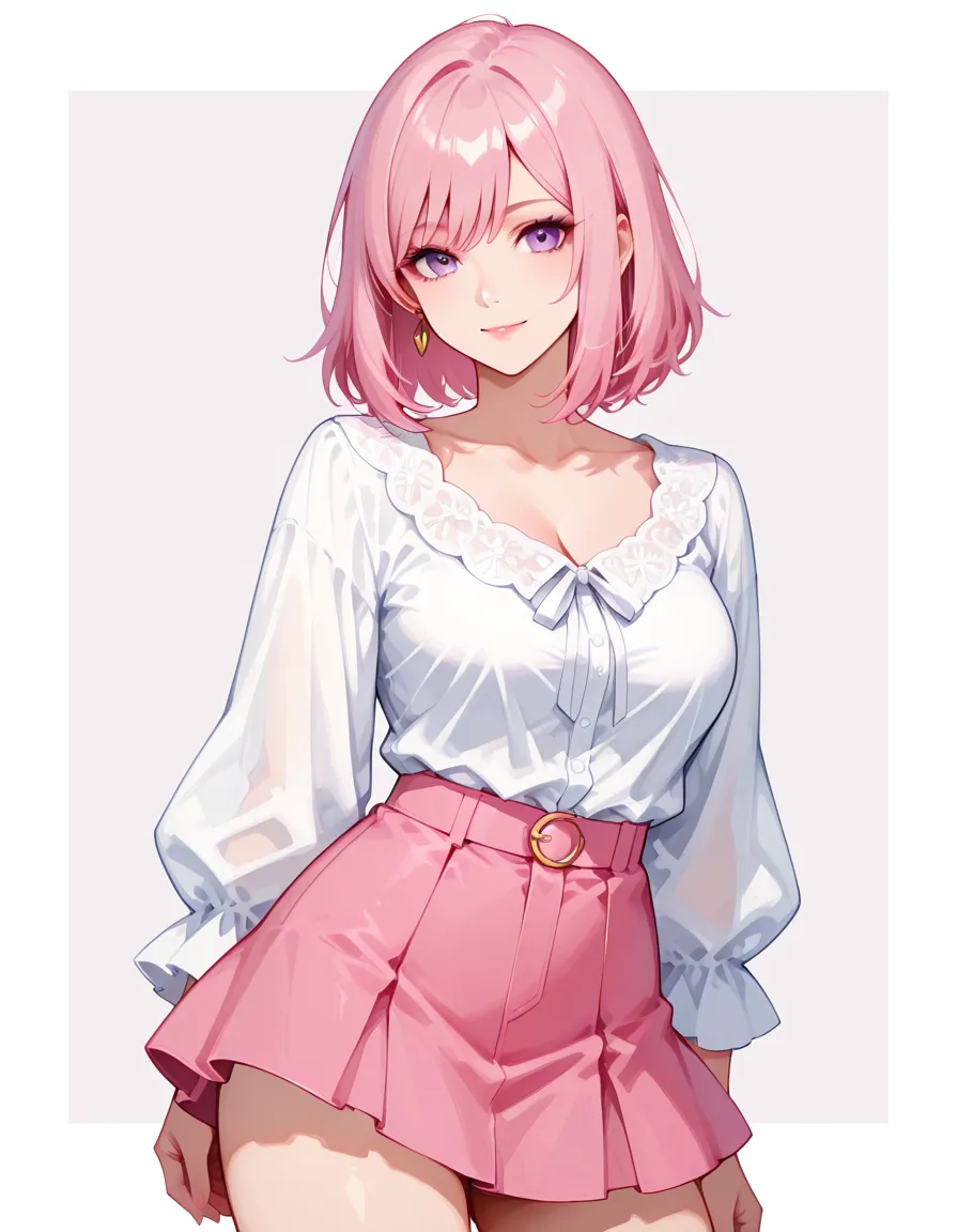 woman,A pink-haired,White top,Open navel,Exposing the abdomen,Ultra photo realsisim