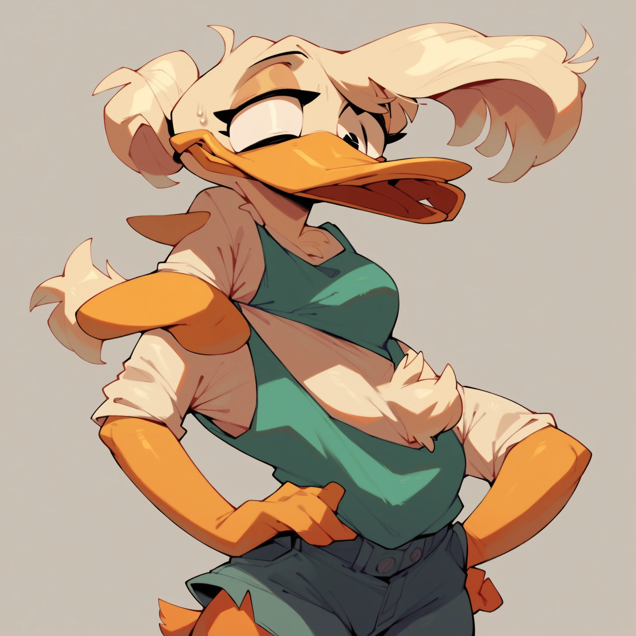 masterpiece, great anatomy, dynamic lighting, crisp, high definition, cartoony, glamrock chica, embarassed blushing, (fart, green gas bubbles,:1.2)