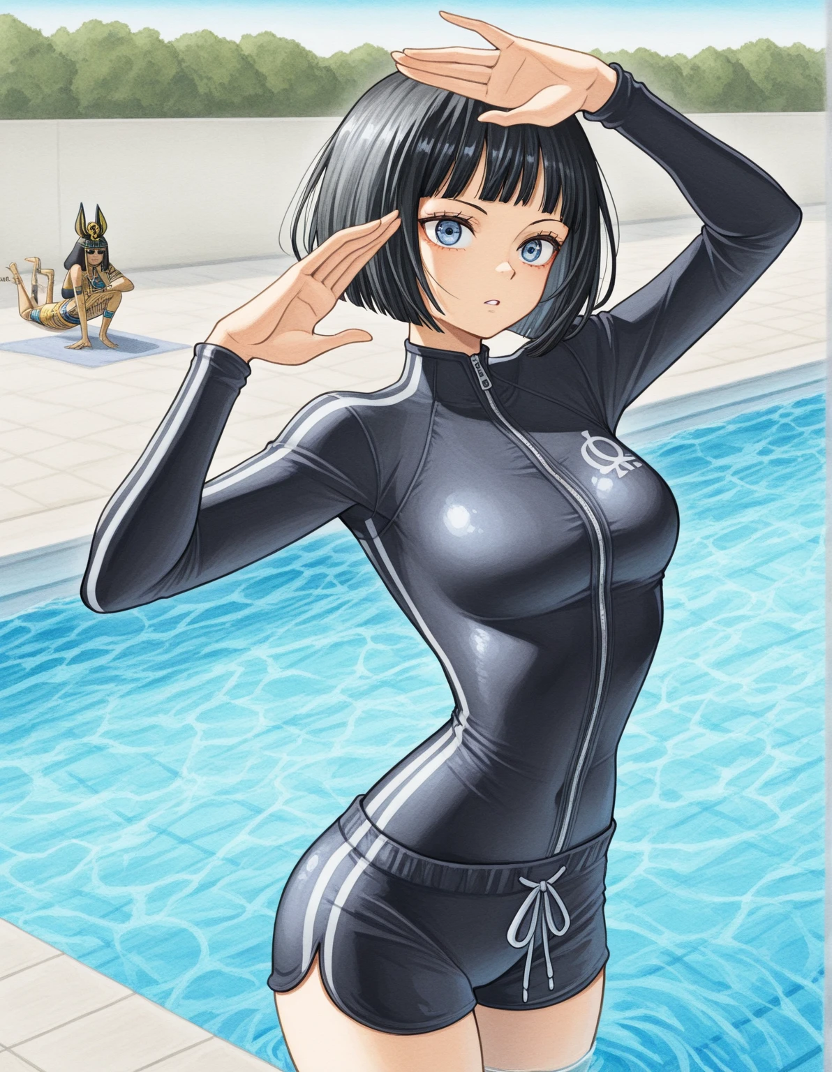 camel toe:1.4, ((flat chest:1.2)), ((Erect nipples:1.3)), Sweat, (((long gloves:1.3))), brown loafers, black calf length socks, Open your thighs wide to the left and right, squat on the ground, show off your crotch to the viewer, ((Latex high-necked competitive use Swimsuit:1.3)), sit, spread your legs:1.3, (((arm behind head))), 12 years old, absurdists, low twintails, flat lighting, elevation angle, sexy pose, highest quality, Complex, surreal, perspective, very detailed, detailed background, shape, 1 girl, alone, small breasts, light smile, embarrassing, blush, (((Pool side))), (Sweat),