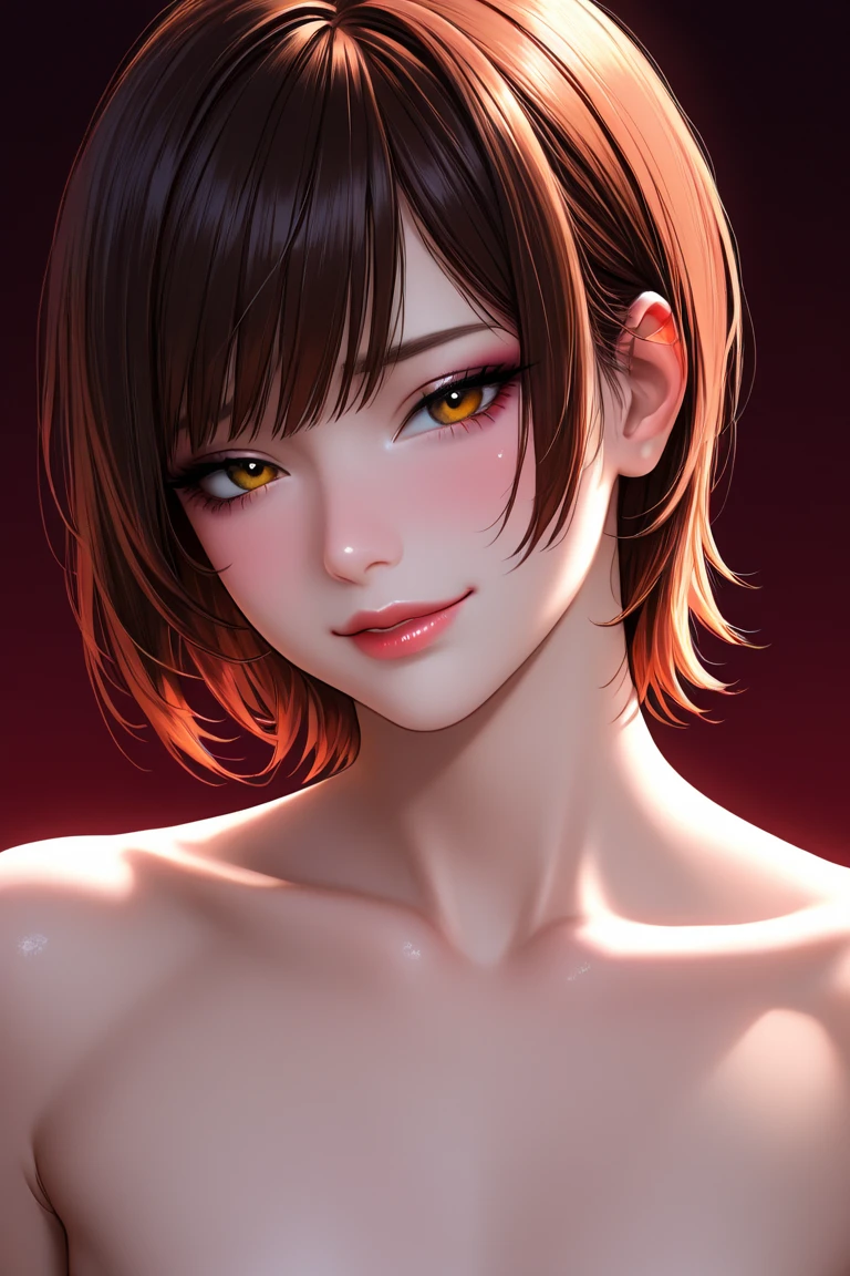 { 4k wallpaper : illustration : beautiful detailed eyes : extremely detailed face : perfect lighting : extremely detailed CG } { real horror lighting }{ horror gloomy filter} { dark horror theme } { in a dark room } { possessed Josie McCoy : short red  hair : red eyes  :  : perfectly  shape breast : perfectly smooth fit  body : cute young face :  :  Naked : Nude : looking at viewer : smug : devious seductive wide smile : sweating : } { showing smooth armpit } { nsfw : hentai : intense sex }