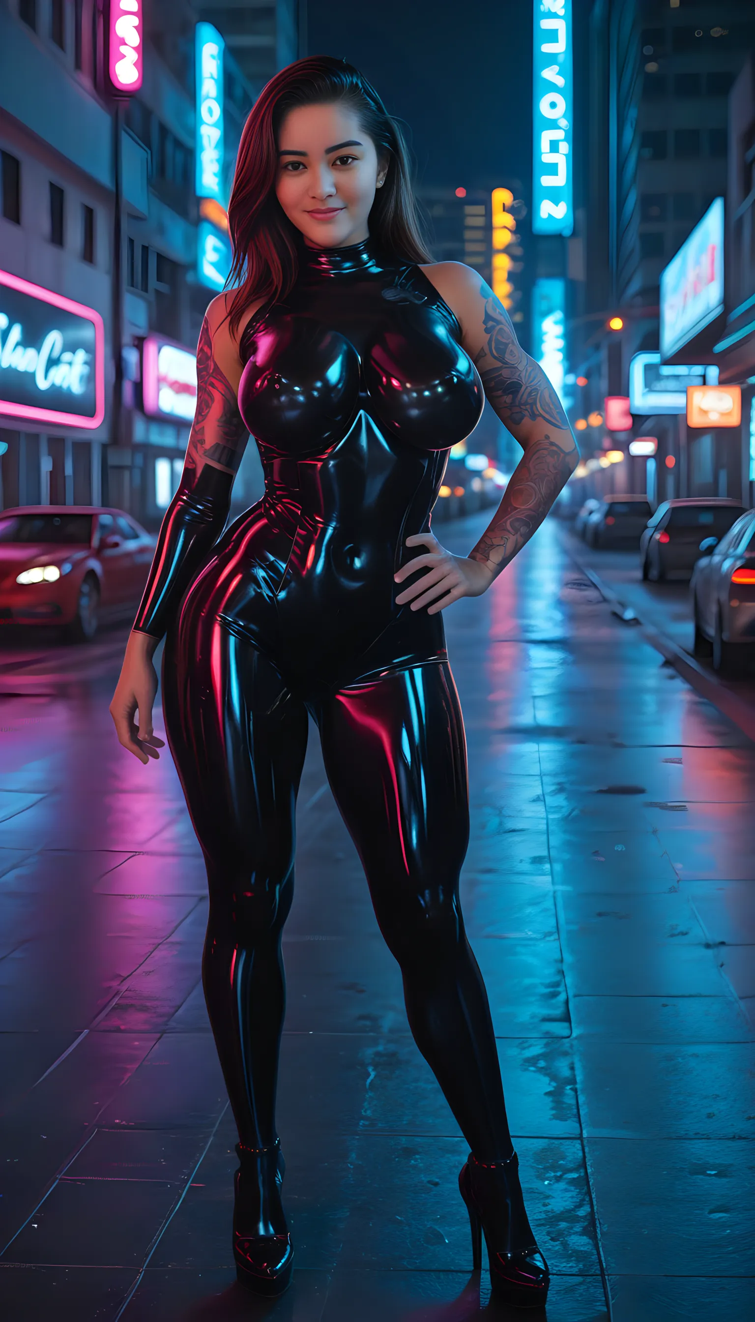 Beautiful woman with amazing body wearing a dark gray latex full body catsuit with red neon tattoos lit up like intense light, young woman, with her back to the camera showing a huge ass, Very slender waist, wide hip, beautiful grandmother, beautiful old woman, night and urban scenery with bokeh and flares on camera
