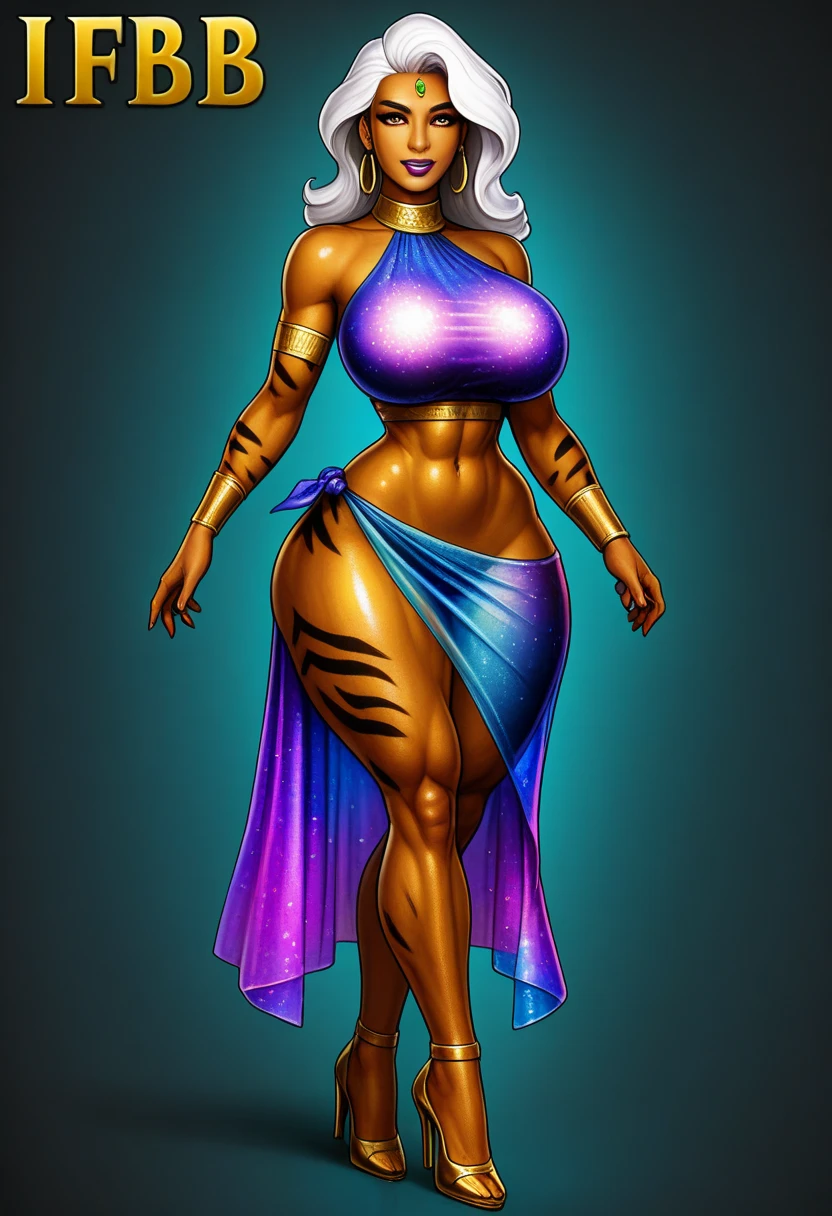 full body wide shot, 1female, 50-year-old, indian, bimbo, ifbb. liquid gold body. open top, a glowing bra showing through, sheer skirt, iridescent stirrup stockings, long hair, dark skinned, detailed face