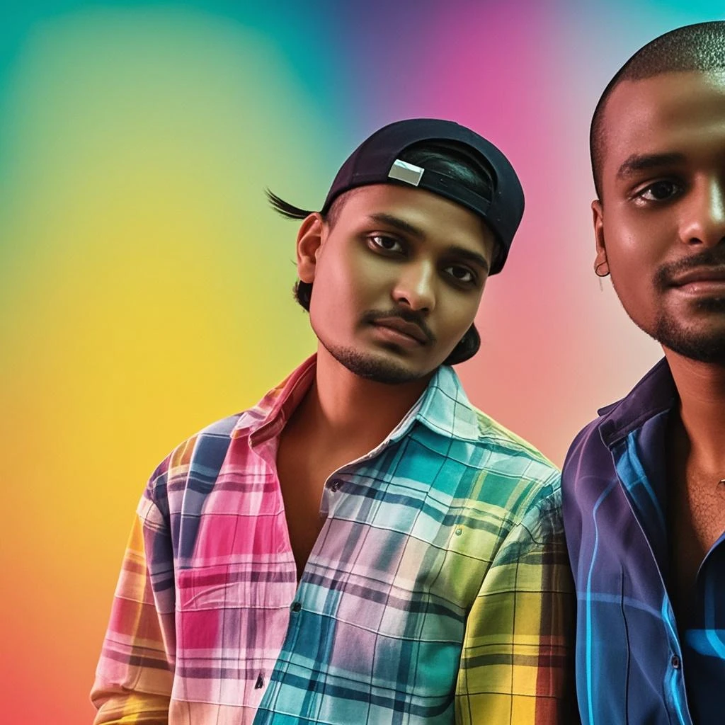 21 years old Indian four best friend sitting casually on a white chair. Wearing sneakers, and sunglasses, he looke ahead The boy (Sujan, mohith, dharshith , darshan) are written in Yellow and Red neon light in the background, the background is dark gray