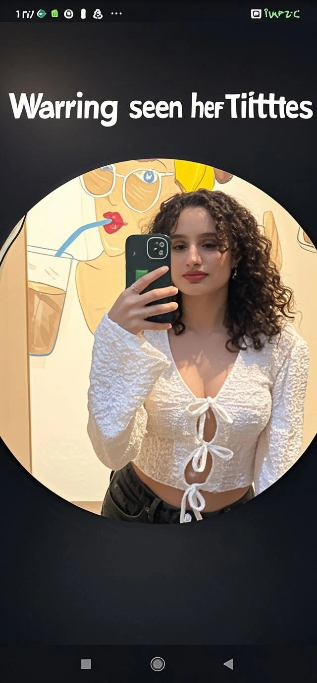 there is a woman taking a selfie in a mirror, greasy hair, frizzy hair, in her hair, messy curly hair, hair is the focus, her hair is in a pony tail, curly hair, a black man with long curly hair, her hair is white, text and a pale young woman, her face framed with curls, tessa thompson inspired, Big tits, huge tits , no clothes, sexy, cute, minimal clothes, thick, bbw, chubby stomach, thick nipples, nipple piercings, large areola, hard nipples, piercing through shirt, nipples hard through shirt, busty, major cleavage, naked, ripping through top, spilling over sides, bra too tight, giant , extra wide hips, upper body zoom in, showing off huge , fat stomach, see through top, fat bbw, large areola showing, major cleavage, latina, down to stomach, wide hips, sexy, upper body zoom, thick arm, showing off , top half only, showing only upper, only a bra, showing off cleavage, naked, big tits showing, big out, no clothes
