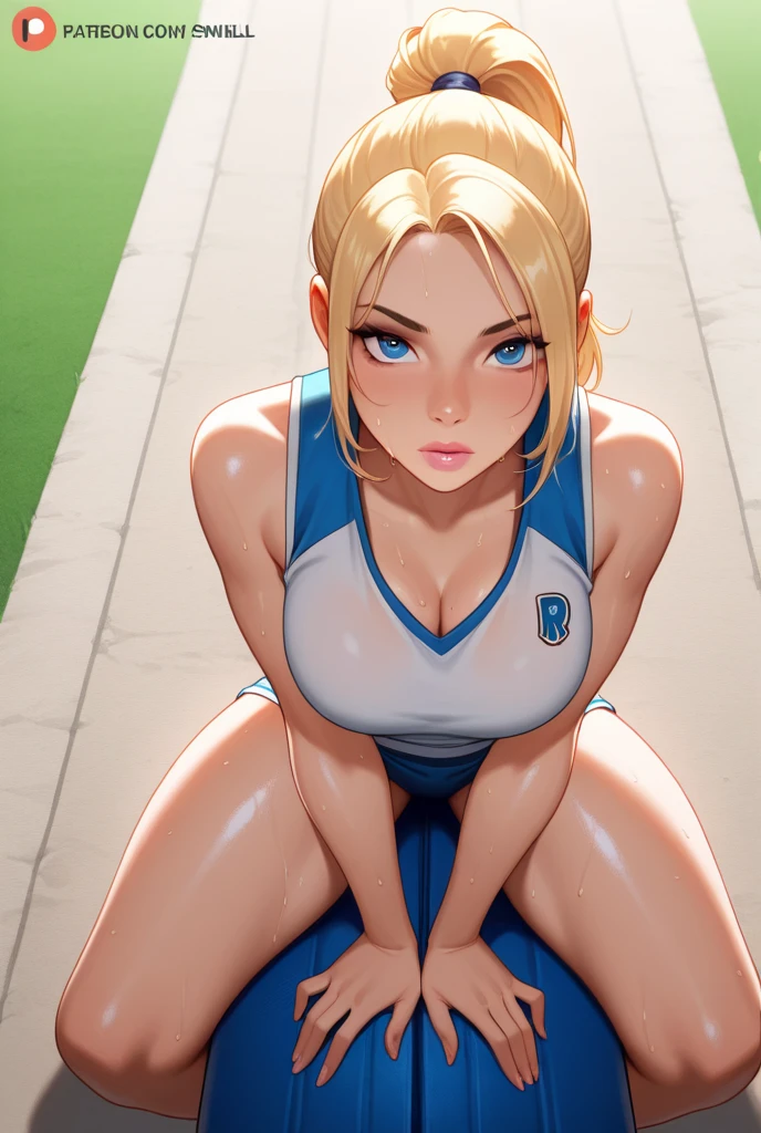 blonde girl, green top-tank, blue pants, spiky bangs, spiky ponytail, necklace, bangs, green eyes, 3d, bare shoulders, cleavage, kneeling, side view, blowjob, shota-boy, blue flats