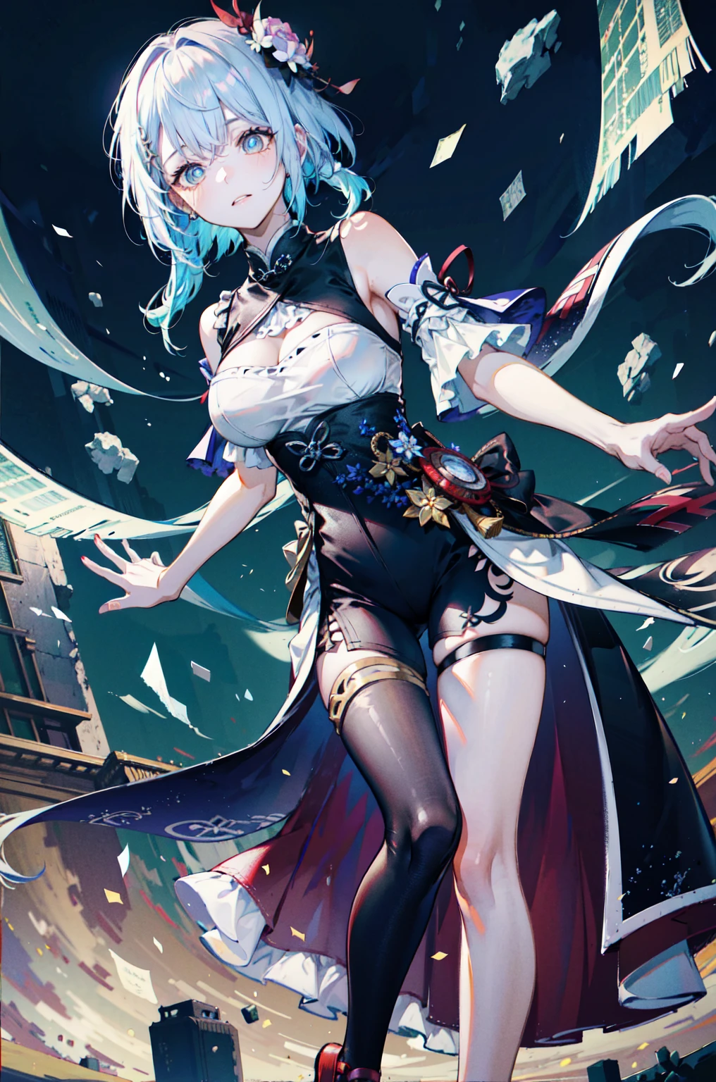 League of Legends, Gwen, Lingluo doll, 1 girl, cute and naughty Gwen, full of vigorous pose, fluttering skirt, Wu belt when the wind, lake blue decorative stripes, shawl long hair, rose curly hair, gorgeous skirt, dress with skirt support, double skirt, huge skirt, huge bow, perfect legs, lolita, blue double ponytail woman, (((see from the net below))), look up, see-through, (seductive pose), look at the audience, crazy, black cut, (eye contact), realistic, masterpiece, reality, High contrast, super detail, best quality, super high resolution, realistic, high resolution, detailed, original photo