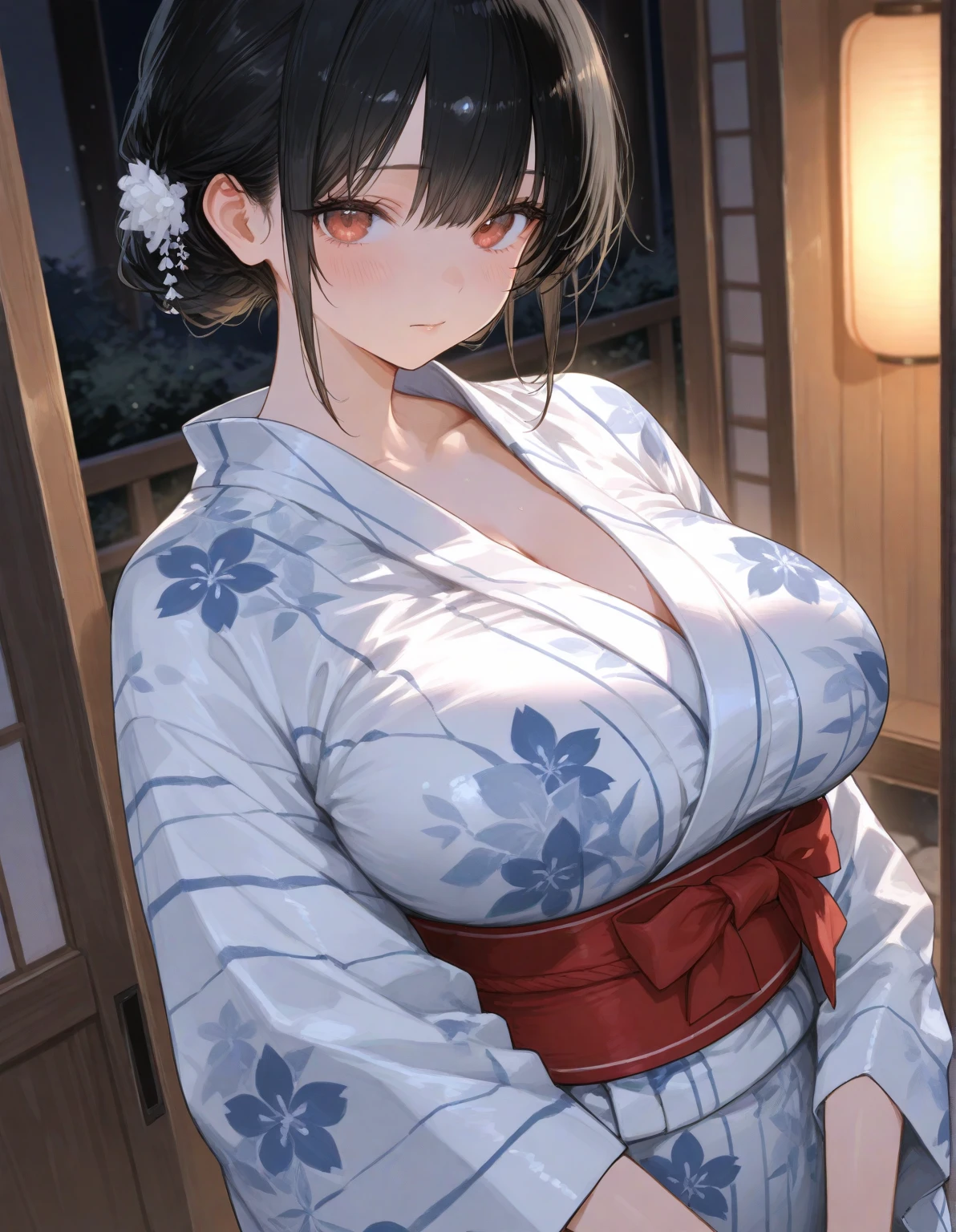 Standing wearing yukata、Outstanding smile、 milf 、Japanes、huge breast、short hair、(gleaming skin:1.4)、arms behind back, pigeon toed, Esbian all over body、(ryokan, in, room:1.2)