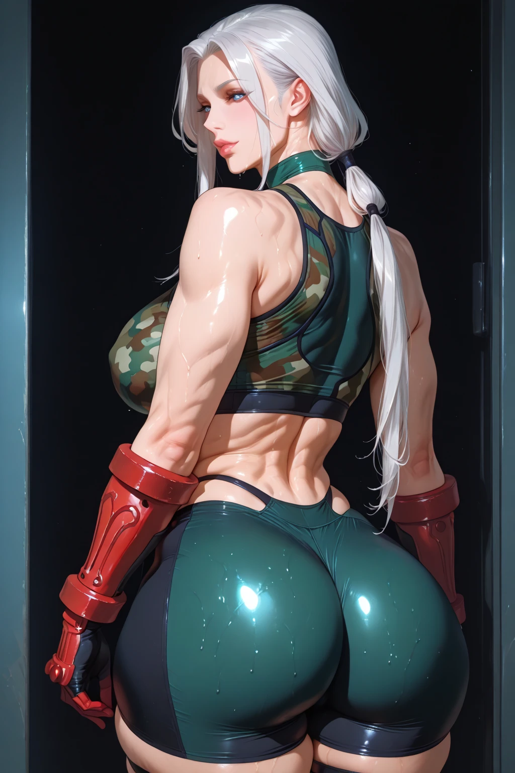 masterpiece, best quality, extremely detail 8k cg, high resolution, 1girl, mabui, dark skin, white hair, bun, green eyes, thin body, huge breasts, bubble butt, firm butt, slim waist, (hands on own ass), strapless bra, highleg panties, beautiful face, medium full shot, from behind