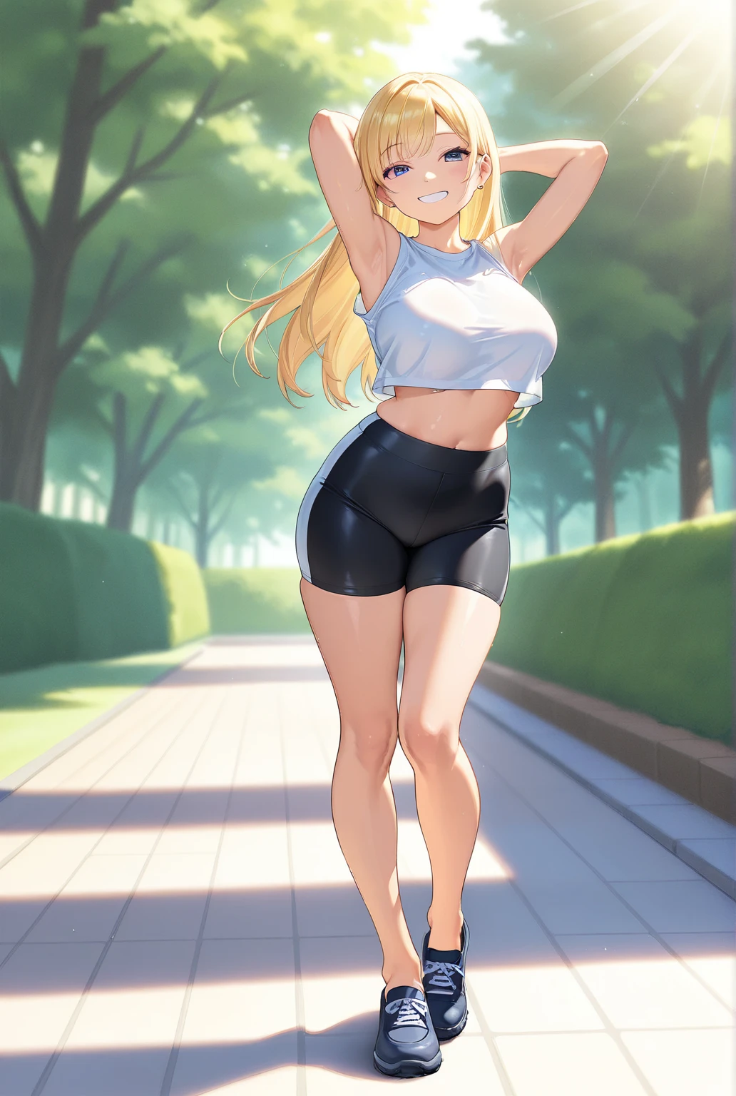 hmmarnie, aqua eyes, black choker, red ribbon, earrings, jewelry, midriff, sports bra, bare shoulders, pants, leggings, evil grin, mountain range, stomping, destruction, craters, crossed arms, GTSGiga, size difference, giga giantess, 1girl, solo, giga giantess walking between mountains, giga giantess looming over mountains, stomping foot down, blue sky, looking down, groundview, (gts:1.2), (in distance:1.2), standing, detailed eyes, perfect eyes, beautiful eyes, perfect face, distant view, full body, BREAK (16k, ultra detailed, perfect lighting:1.1), 1girl, Blonde, hair intakes, ponytail, blue eyes, from below, masterpiece, best quality, highres, masterpiece, best quality, highres, highres, high quality, masterpiece
