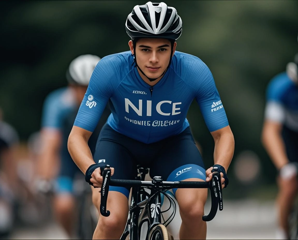 (of a guy, Roik Bruni, 35 years old., French mountain biker, Pose head-on,unwind, cheerful, ssmile. Ultra-detailed cycling clothing, textured, Ultra-realistic detailed skin, natural lightting, natural soft light,From Focus Racing. , blur backgroun,Bring a cycling helmet