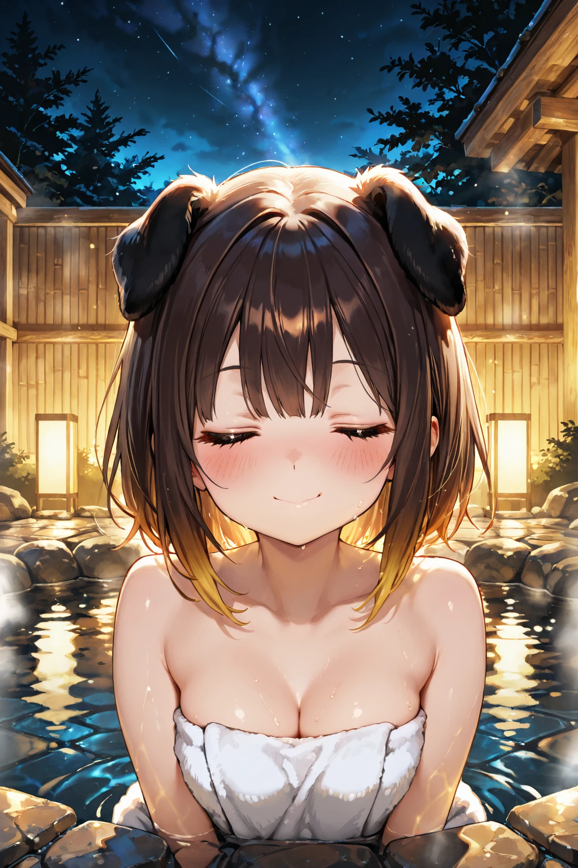 masterpiece, top-quality, hight resolution, Little girl with big bathing naked、double bun, (brown eyes:1.5), (tanned skin:1.1), blush, sweat, onsen, water, steam, tree, branch, nsfw