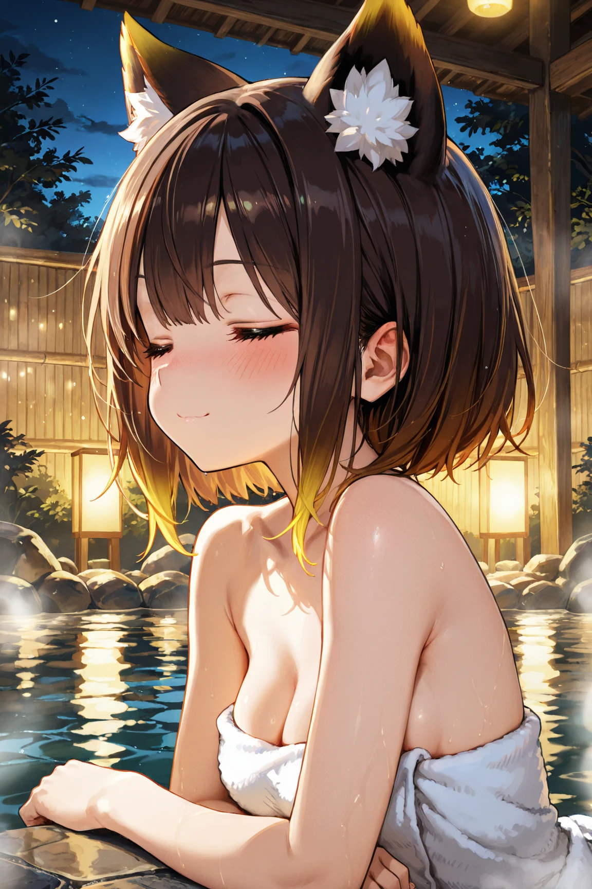 1girl in, (( student)), Bathing in a hot spring, outdoor bath, tiny chest, (((Naked))), Shorthair, Variety of hairstyles, sexy smiling,
