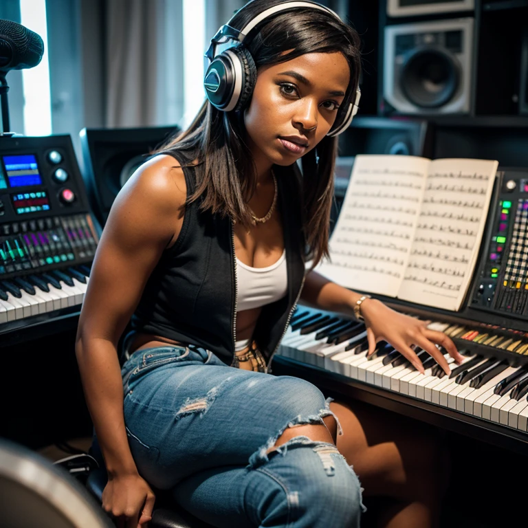 cute black girl at the music studio with headphones , long curly hair, sitting in front of a music console, looking at the screen, facing the computer screen, back towards the camera, not looking at camera, back of head, unaware
