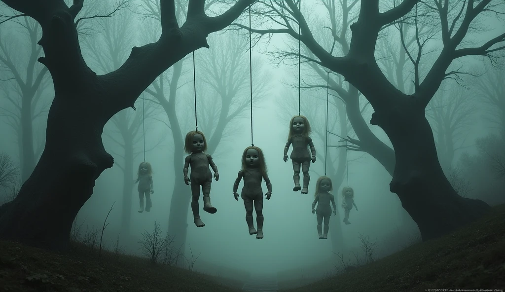 100 dolls hanging from trees and houses、Horror、Real