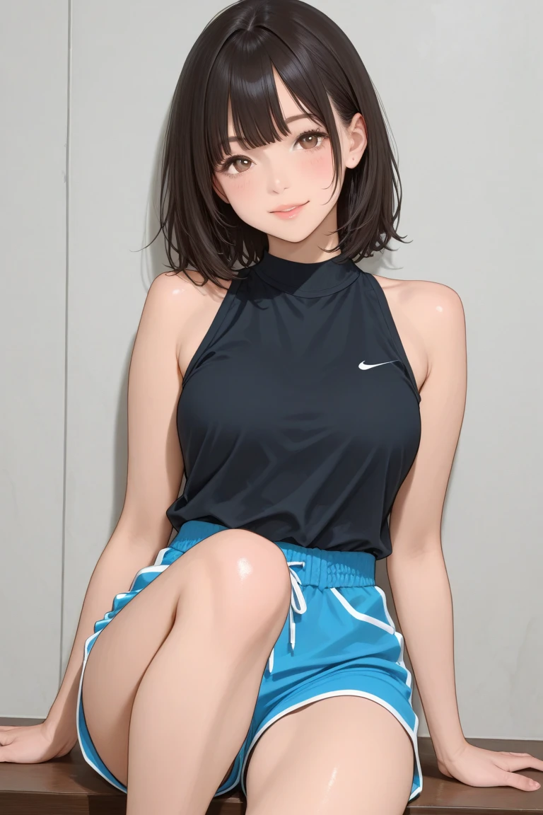 arafed asian woman in a sports bra top and panties posing for a picture, sport bra and shorts, cute sportswear, with a thin waist, sport bra and dark blue shorts, bra and shorts streetwear, sporty physique, sport bra and shirt, kimi takemura, model with attractive body, sport bra, photo of slim girl model, fit dainty figure