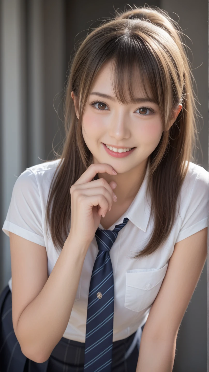 masterpiece, best quality, illustration, ultra-detailed, finely detailed, high resolution, 8K wallpaper, perfect dynamic composition, beautiful detailed eyes, school uniform, medium hair, small breasts, studious pose, smile, looking at camera
