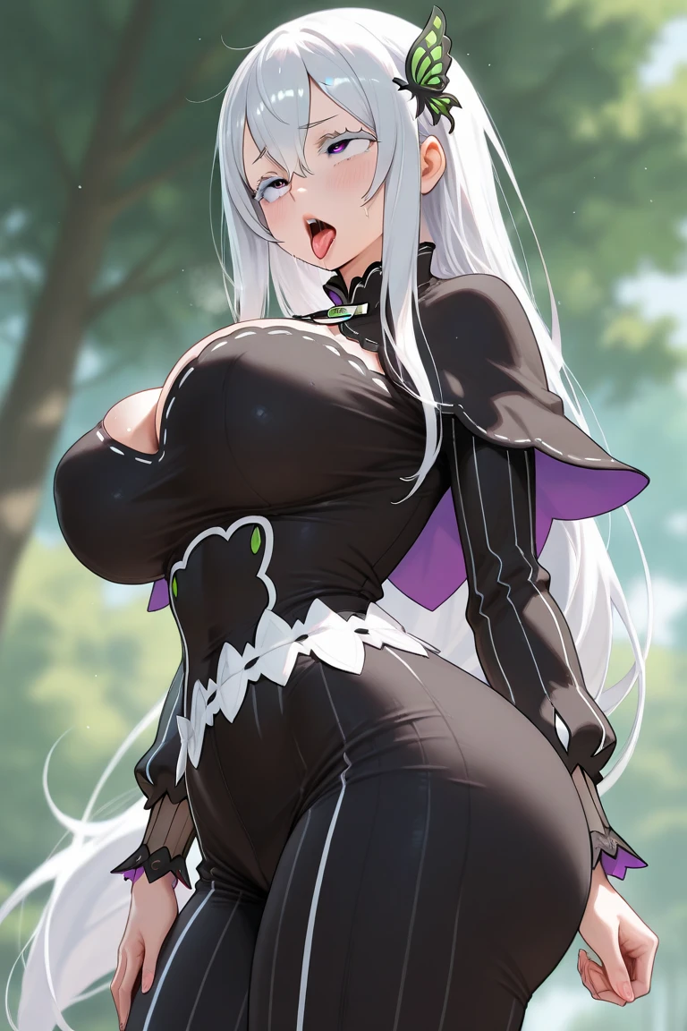 Hermosa mujer albina, de pelo blanco, pelo largo, con tetas muy grandes, luciendo un vestido negro ajustado, sexy, ojos azules, en medio de un bosque maldito, lleno de espiritus y fantasmas, en la noche, anime arte digital, terror
