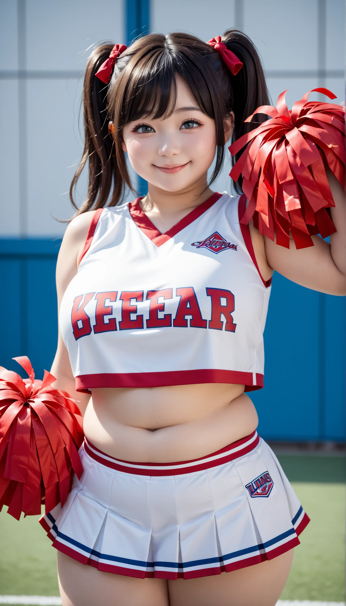 (nsfw),sharp focus,ultra detailed,(nsfw),brown medium hair,(face focus,upperbody,close up:1.3),(saggy and gigantic :1.2),(cheerful smile),(cheer uniform),(,logo printed red vest:1.1),arm up,(armpit hair:1.1),seductive cute japanese woman,(curvy female:1.3),