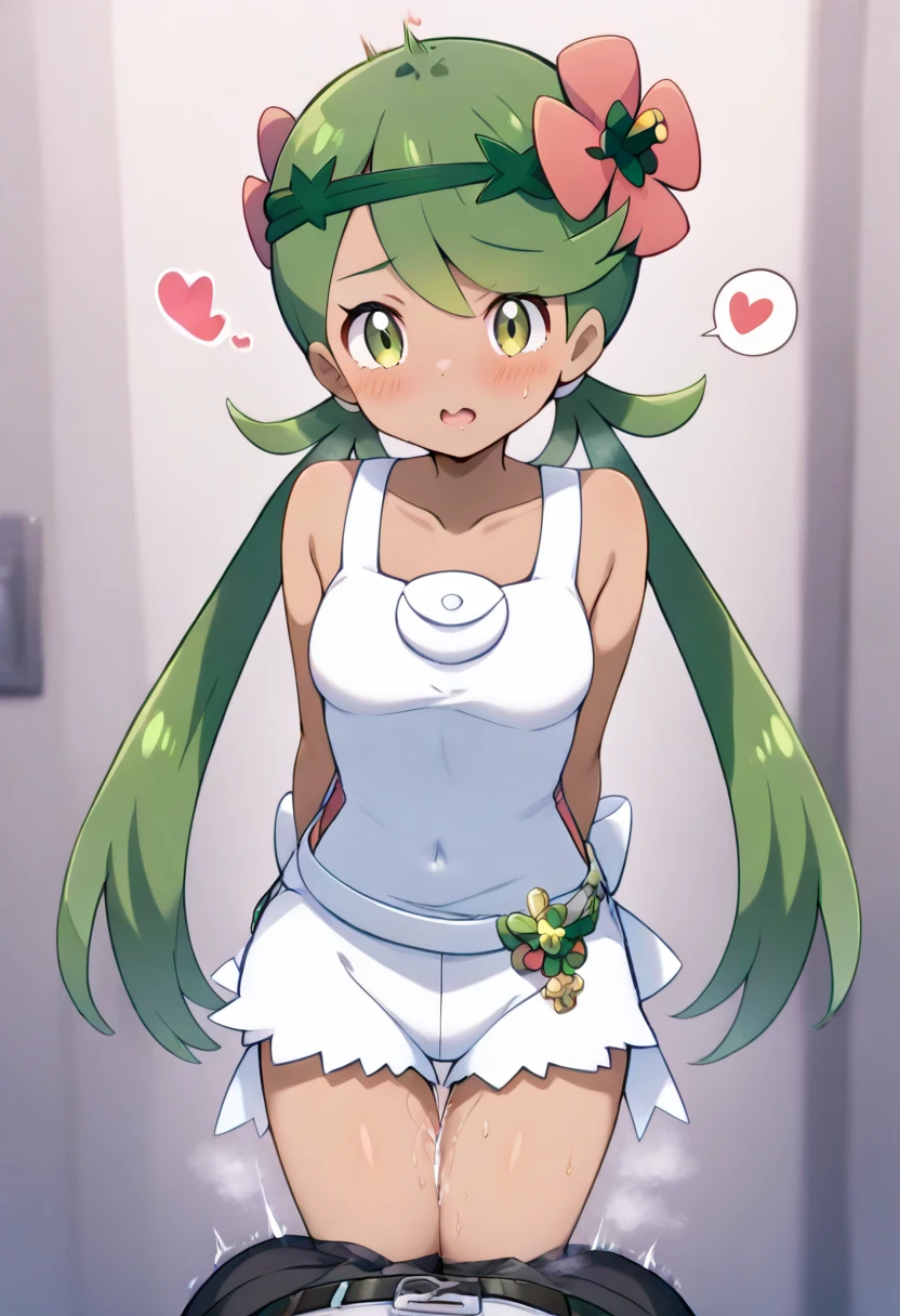 (Masterpiece), Best Quality, ultra-detailed, 1girl(zodiac_mallow, pkmnmallow , lovely small breasts, dark skin, dark-skinned female , naked body, green hair, long hair, headband, pink flower in hair, green eyes, half-closed eyes) , a seductive face, smile, parted lips, nose blush , blush, solo, head tilt, nude,white y-shirts(buttons, open shirts), loose shirts, in the forest, night time, tent, warm lighting, campfire, standing, incoming hug sex