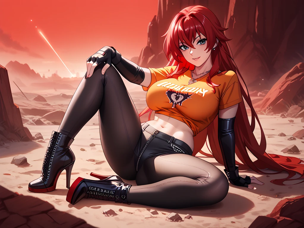 Ariana Grande from tenguen toppa gurren laggan, cute. bikini top with flames print under leather jacket, black leather shorts, red hair, gloves, sitting, looking at the viewer, background: grand canyon, beautiful sunset