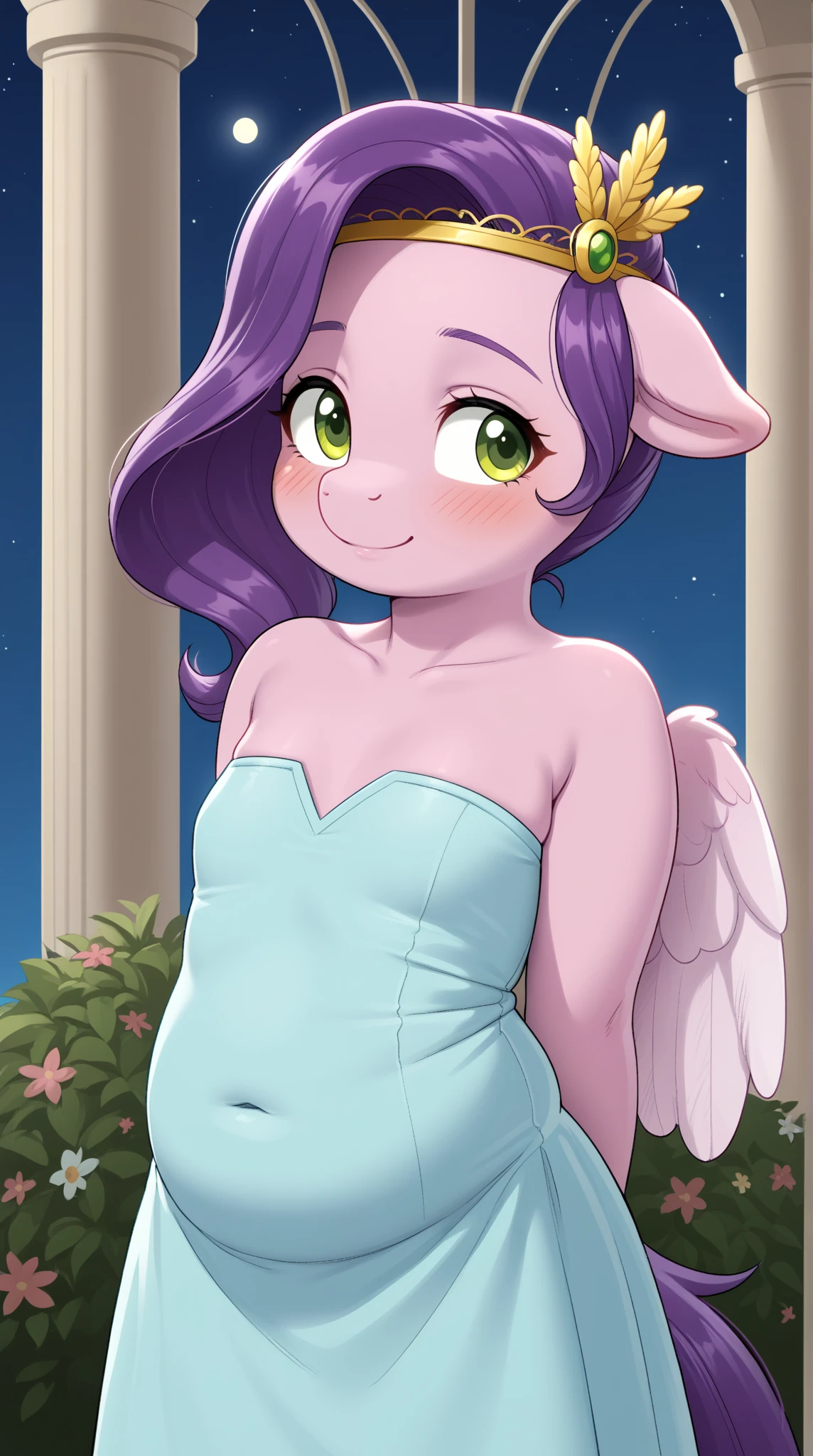 (score_9), (source_pony), (solo), (pegasus), ((anthro pipp petals :1.1)), (strapless dress, sexy, nervous , long hair, anatomically correct, night garden, standing near fountain, medium breasts, half body, anime art style, solo, light purple fur, green eyes, arms behind back, hour glass figure, curvy,