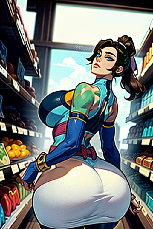 (hands behind back:1.6), leaning forward, (foreshortening:1.6), perfect anatomy, (solo:1.4), 1girl, (head fully in frame:1.3), (beautiful face:1.5), (cowboy shot:1.3), (cute:1.4), big cheeky smile, looking at viewer, beautiful eyes, curvy, (large breasts:1.3), (left hand on hip:1.3), owler, korra, long hair, (brown hair:1.2), black hair, blue eyes, ponytail, dark skin, dark-skinned female, topknot, (hair tubes:1.4), fur-trimmed jacket around waist, (blue halterneck top:1.3), armlet, vambraces, (bare shoulders:1.3), (arm_warmers:1.3), sleeveless, (japanese convenience store:1.4), (inside:1.3), modern, (konbini), shelves, groceries,