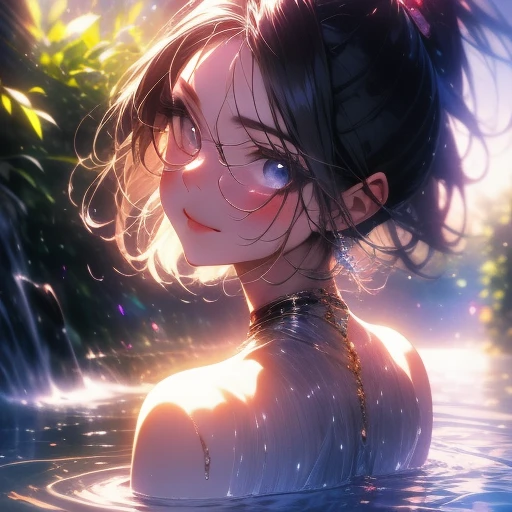Night scene, close-up photo of lovely girl in minimal sheer bikini, small breasts, bathing near the waterfall, body soaked in water, lean cheeks, wet hair, chin up, seductive face, no bra, stones, pure water, cleavage show, water on the body, realistic pores on the body, look up at the sky and smile, black ponytail hair, (blue eyes: 0.8), beautiful adult face, 20 yo, soft volumetric lights, (backlit: 1.3), (cinematic: 1.3), intricate details, (ArtStation: 1.2)