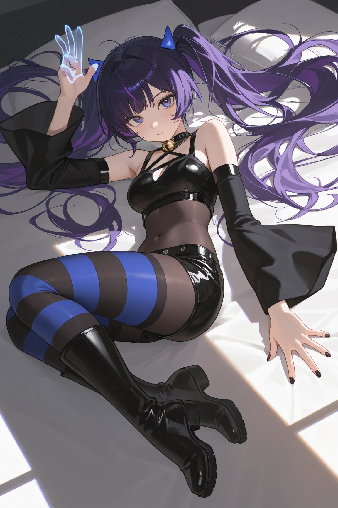 She wears a black sweater dress with white ribbon sewn through the sleeves to accent the Meow written on the chest, along with cat ears and whiskers. Her fishnet stockings are worn with dark blue and black cat wedges with ankle straps. SPARKLE; GLITTER