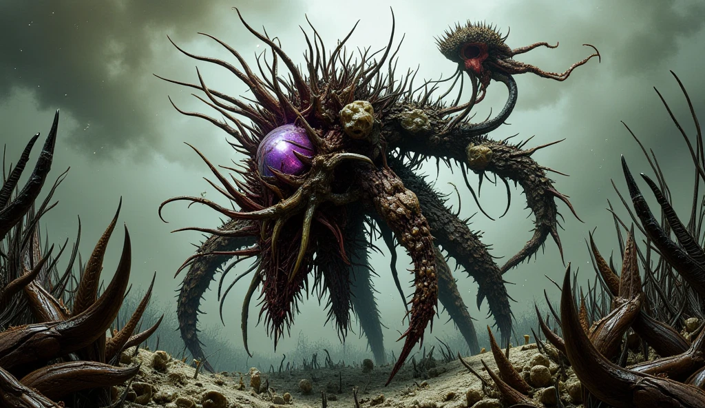 by Makoto Shinkai, lovecraftian, (alive but extremely beautiful:1.4), (intricate details, masterpiece, best quality:1.4) , in the style of nicola samori,Design a colossal mecha resembling the style of the Zeroth Angel from the EVA anime series. The color scheme should predominantly use purple and green, Clear imagery with a deep purple frame, strong contrast, and featuring laser weapons. Dark and gloomy artistic style with a cold color palette, emphasizing a metallic texture.