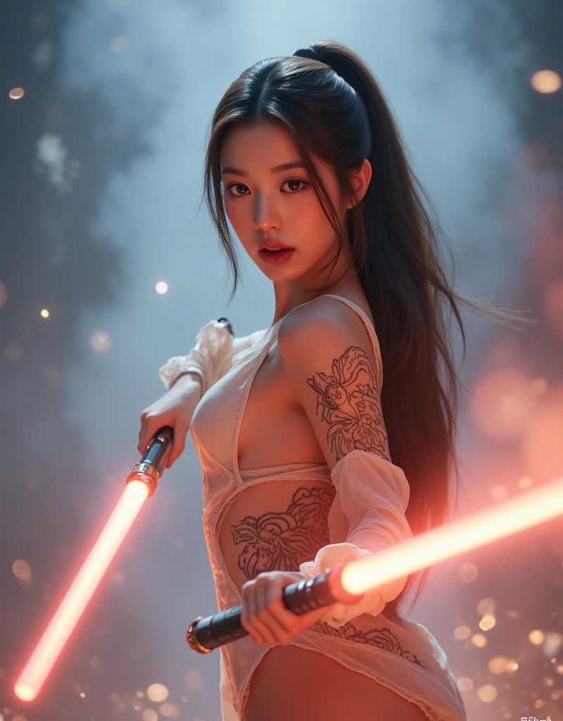 photorealistic rendering, hyperrealistic,
A beautiful girl with a mixed Indonesian and Asian face, body slim,long hair, wearing a long purple dress and red belt, and high black boots, standing with a pair of double guns in her hands, staring sharply at the enemy, a red laser interface background that says "AISHA"