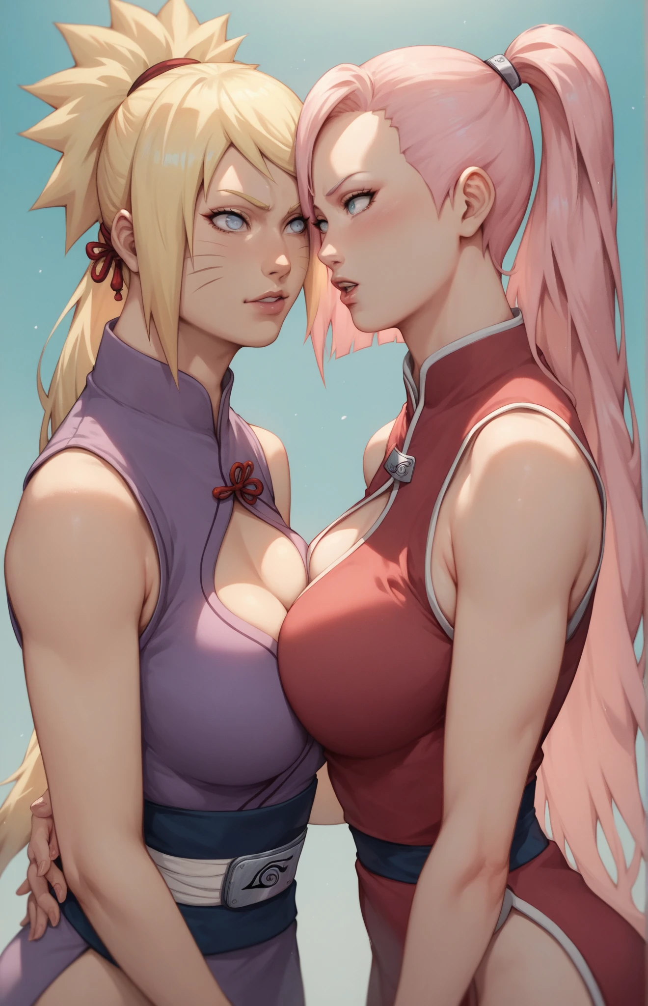 score_9, score_8_up, score_7_up, uncensored, source_anime, 2girls, long hair, (mother_and_daughter), (looking at viewer), blush, multiple girls, forehead, blunt bangs, twintails, pigtails, single braid, blonde hair, pink hair, dutch angle, bangs, eyes half closed, large breasts, frown, red dress, grey dress, cleavage, asymmetrical docking, simple background, hand on shoulder, hug, white background, brown eyes, purple eyes, upper body, parted lips, angry, breast press