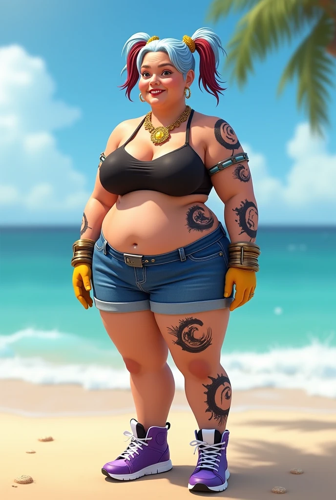 xyzjules, dolphin shorts, Striped swimsuit, tatuagem, Purple, rosa, praia, sports bra, 1girl, octan render, ..........3d, .....cgi, plaits, barriga grande