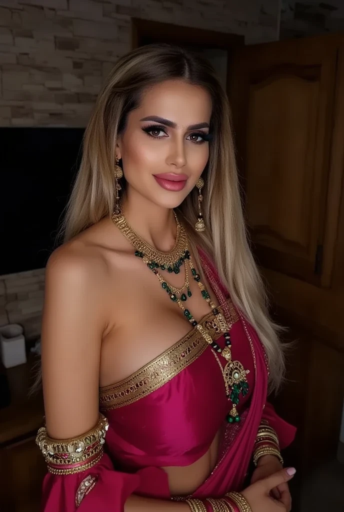 (Best quality, highres, ultra-detailed: 1.1), Russian narrative, 23-year-old lovely village housewife, radiating charm and youthful beauty, adorned in a pink transparent saree, bangles adorning her wrists, in her first enchanting night after marriage, sitting captivated on a plush sofa in an illuminated club, surrounded by rosy hues, her smile reflecting pure bliss,

(Russian, lovely, cute, young, attractive: 1.5), 23 years old, blonde hair cascading down in long curls, or Black locks flowing gracefully, Russian beauty,