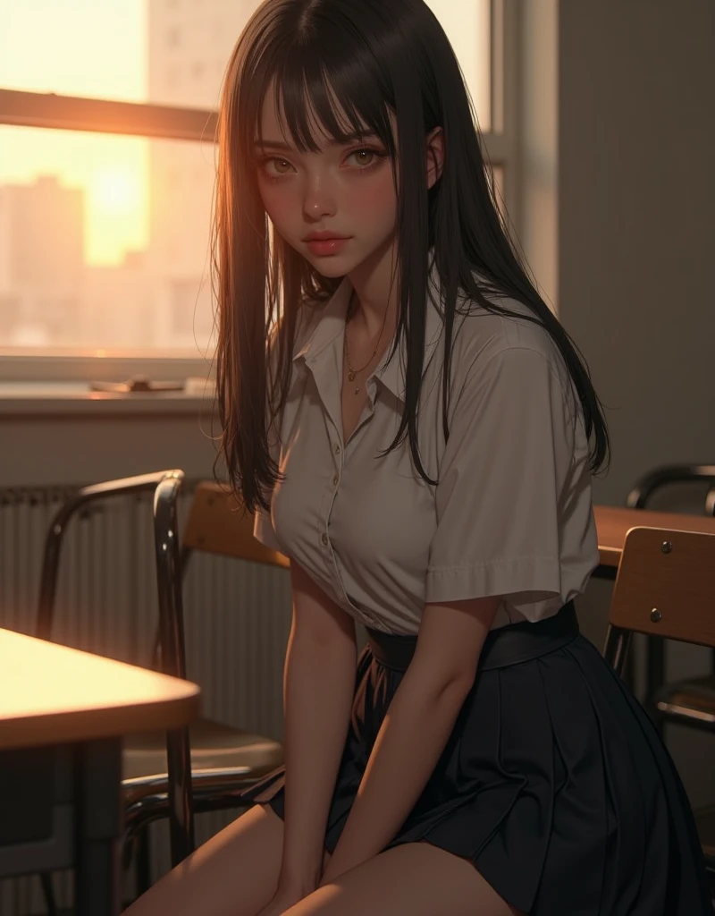 (masutepiece: 1.3), (max resolution: 1.2), (Ultra HDTV: 1.2), cinematric light, Ultra HDTV, (Detailed eyes and skin), (detailed facial features), nffsw, 8K resolution, Sharp Focus: 1.2, Perfect Style, Beautiful face, precise, Anatomically correct, Highly detailed face and skin texture, Detailed eyes, Brown eyes, Double eyelids, Thin eyebrows, Glitter Eyeliner: 1.2, Natural cheeks, Glossy skin, Fair skin: 1.2, shiny little necklace and earrings, (Glossy lips: 1.4),
break
First-person perspective, Wearing a high , (embarrassed:1.2), (blush:1.2), a Innocent and cute girl, (ponytail in high position, Wavy Hair, light brown hair, bangs flowing diagonally), Medium Long Hair,
BREAK
(Full body shot: 1.2), (From below:1.3), (Focus on legs), ((Very intimate relationships: 1.2)), (medium large breasts:1.1), ((Sit on a school chair with your legs closed)), ((Pose with a little panties and skirt slightly raised:1.2)),
(((In the classroom: 1.2)), (look up at viewer:1.2)), ((Background of many other students:1.4)),