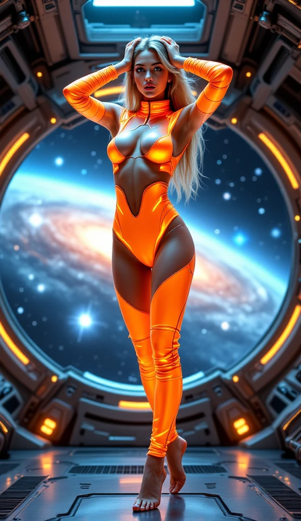 Best quality, 8K, vivid color, woman retro futurism, static pose, looking to observer, white hair, long eyelashes, ALL light orange shiny leotard, cleavage, metalic details, light whte pantyhose, neutral sci-fi scenario