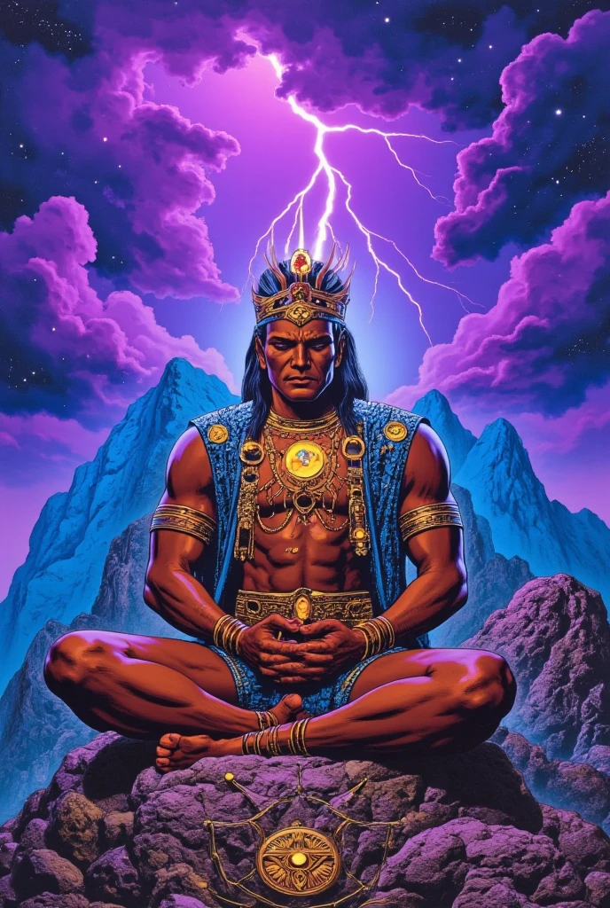 A gleaming sapphire throne with a god like being that looks like a man on it. There's what looks like burning bronze around his waist and his lower body looks like fire. Tbere is what looks like a full round rainbow all around the throne. Make it look realistic. He dwells in unapproachable bright light