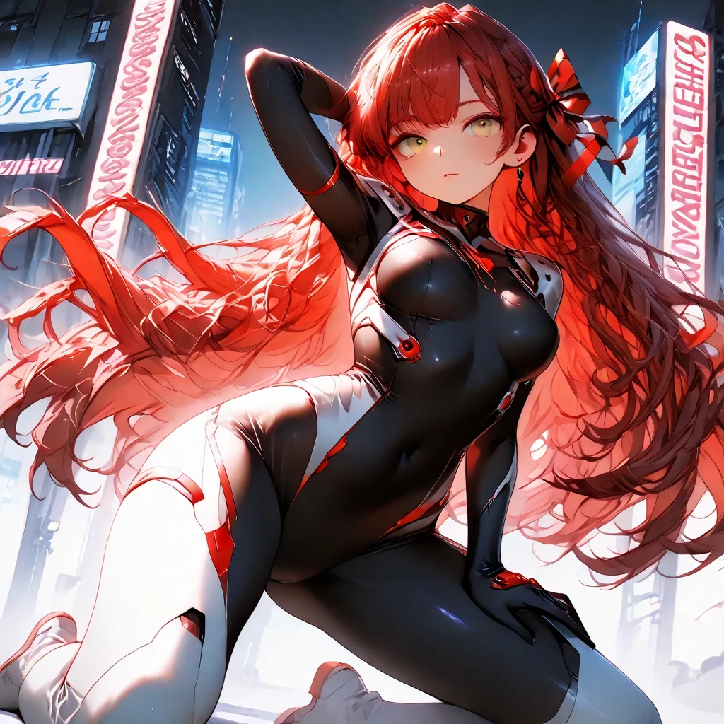 red-haired anime giantess in bikini sitting on a tall building in front of little people in the city, cross-legged, black latex shoes, red-haired goddess, Giantess Art, High Resolution Commission, Giantess Art