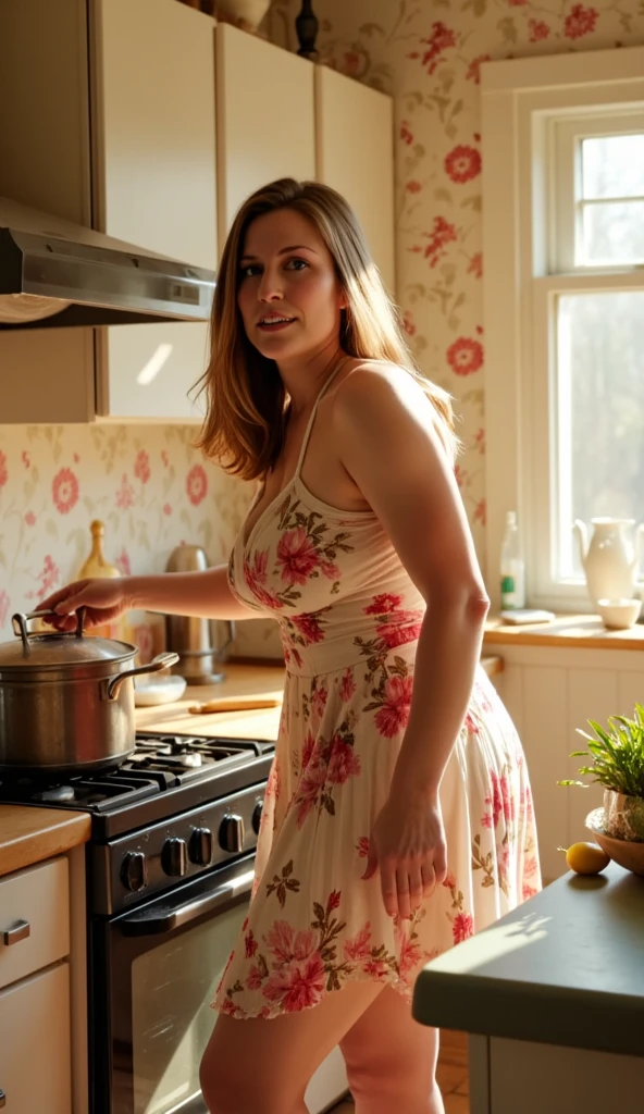 portrait of a mother, large breasts, wearing a red dress, cinematic, blue eyes, looking at viewer, inside kitchen, busty, stunning, cleavage, high quality, older female, wide hips,