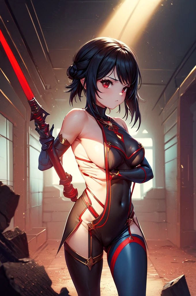 solo girl,Glossy metalic light silver tank top, tight latex shiny, Red interpolation color,Black hair bob,red eyes, camel toe, Samurai Sword,
Lift one leg, sexy lady, โชว์กางเกงใน girl,