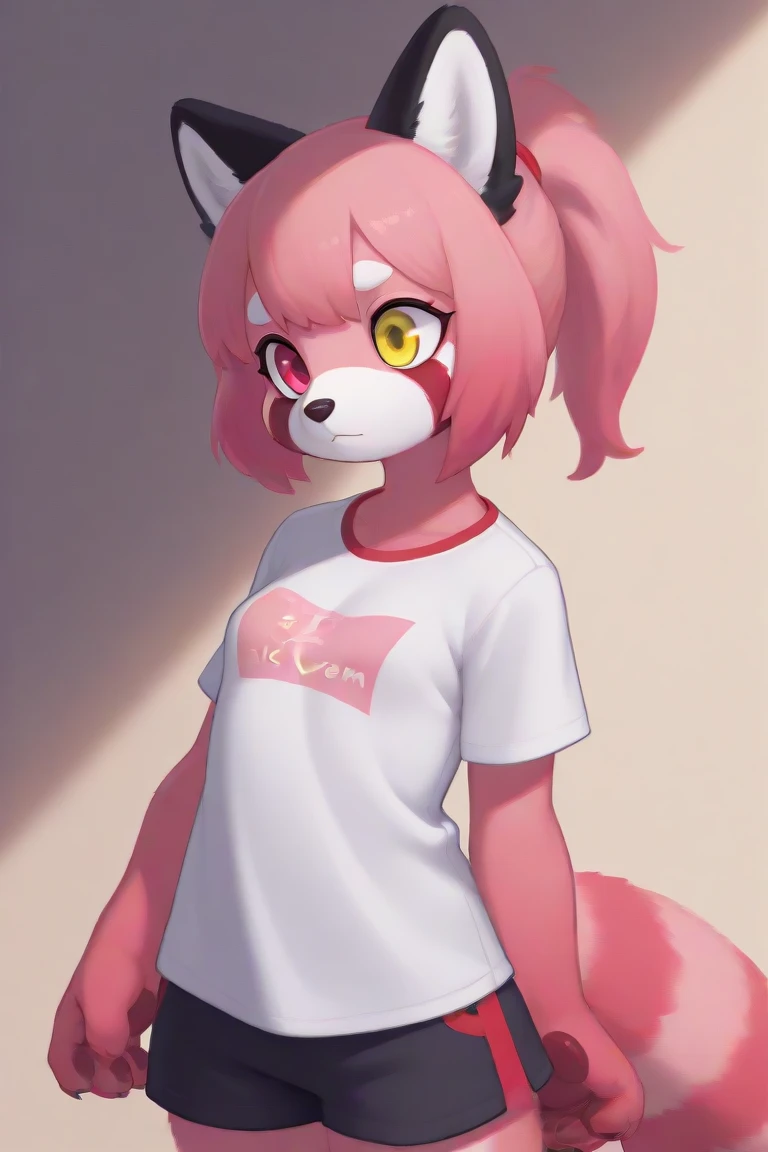 Anthropomorphic male crimson fox with pink nose, black ears, horns and purple eyes, two tails, fullbody view, solo, on knees, digital art, lifting his shirt, femenine look, back view, wearing a pink t-shirt and long pink socks with white stripes and pink panties, half eyes closed, blushed. looking at viewer, erect penis