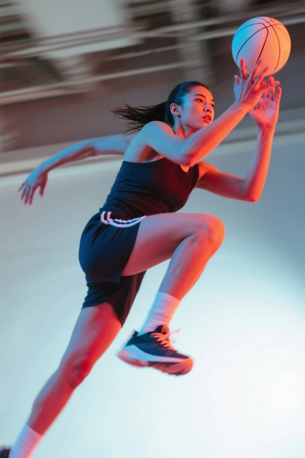modern dynamic style,low angle shot,A Taiwanese beauty,Exquisite facial features,jump,crash badminton,The background has dynamic strokes,Strong sense of movement and vitality,Emphasis on movement and strength,Artworks that capture moments in motion