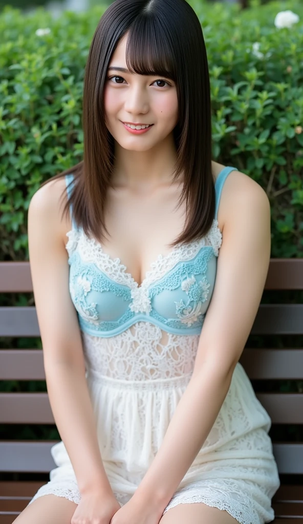 , gravure, (Live Action:1.3), 20-year-old, at the park, Laughing happily, (Highest quality:1.4), (super high quality), (Very detailed), (Very detailed美しい顔), Great face and eyes, Brown Hair, Brown eyes, Beautiful sheer lace, Beautiful breasts, (Cleavage:1.3), Real skin texture, Pink One Piece